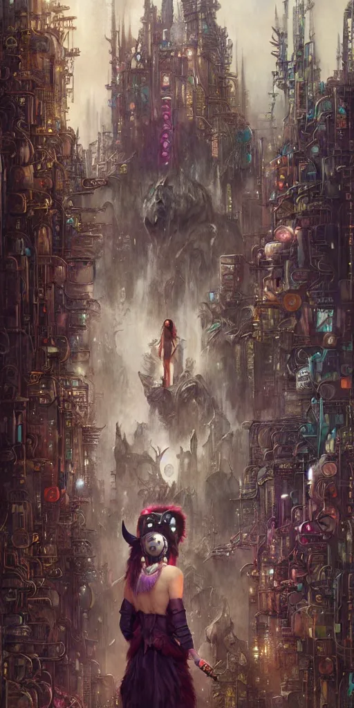 Image similar to hyper realistic Princess Mononoke in her mask, busy cyberpunk metropolis, city landscape, wolves, magic, castle, jewels, style of tom bagshaw, mucha, james gurney, norman rockwell, gems and gold, waterfalls, denoised, sharp