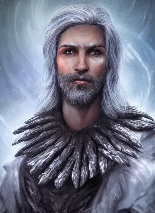 Image similar to an epic fantastic realism comic book style portrait painting of an aasimar warlock, male, shaggy silver hair, short brown beard, d & d concept art, unreal 5, daz, teal aesthetic, octane render, cosplay, rpg portrait, dynamic lighting