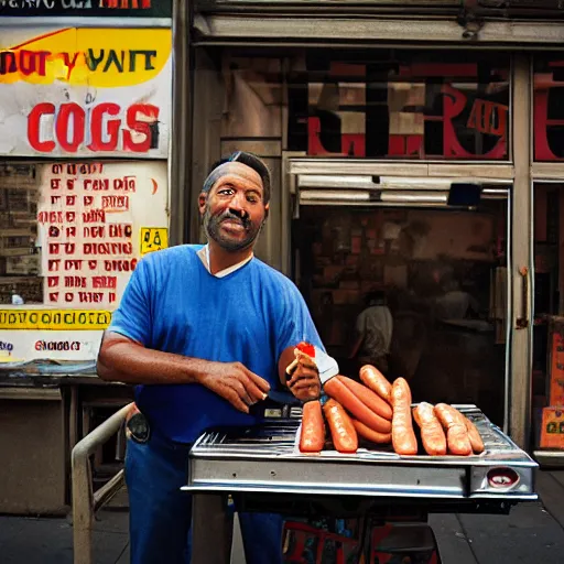 Image similar to closeup portrait of a man selling hotdogs in a smoky new york back street , by Annie Leibovitz and Steve McCurry, natural light, detailed face, CANON Eos C300, ƒ1.8, 35mm, 8K, medium-format print