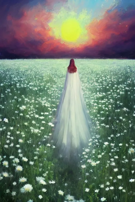 Image similar to giant white daisy flower veil, girl walking in a flower field, surreal photography, sunrise, dramatic light, impressionist painting, colorful clouds, digital painting, artstation, simon stalenhag