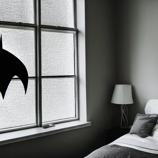 Image similar to man sleeping in bed with white tentacle mask with batman lurking menacingly in the window