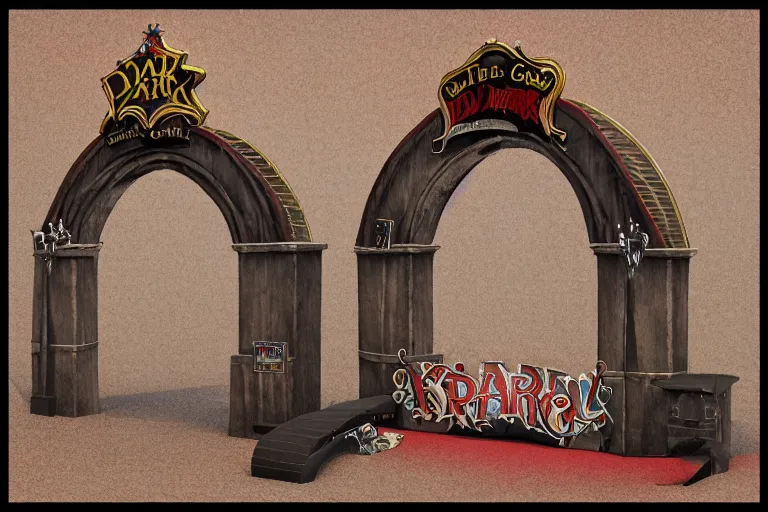 Image similar to 3d sculpt of an arched sign for a circus called 'the dark metal carnival', artstaton, digital illustration