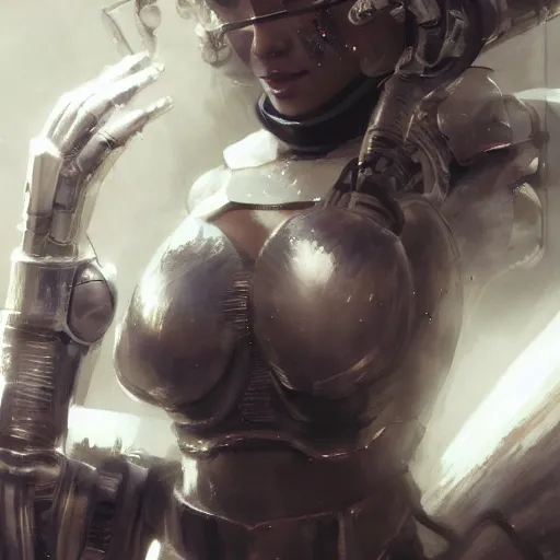 Image similar to extreme close up, facial portrait, woman in white sci - fi armor, mechanical armor, cybernetic hands, striking pose, portrait dnd, nier 2 b, painting by gaston bussiere, craig mullins, greg rutkowski, yoji shinkawa, artgerm