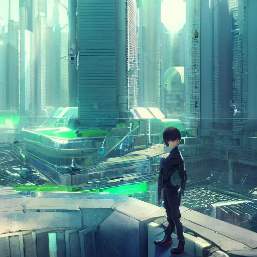 Image similar to neo brutralism, futuristic architectural art, colorful, hyperrealistic, cgsociety, octane render, 8k, realistic depth, 3D feeling, sunlight, shadows, reflections, romanticism, artstation, concept art, wallpaper, dark blue and green tones, in the style of Akihiko Yoshida and Craig Mullins