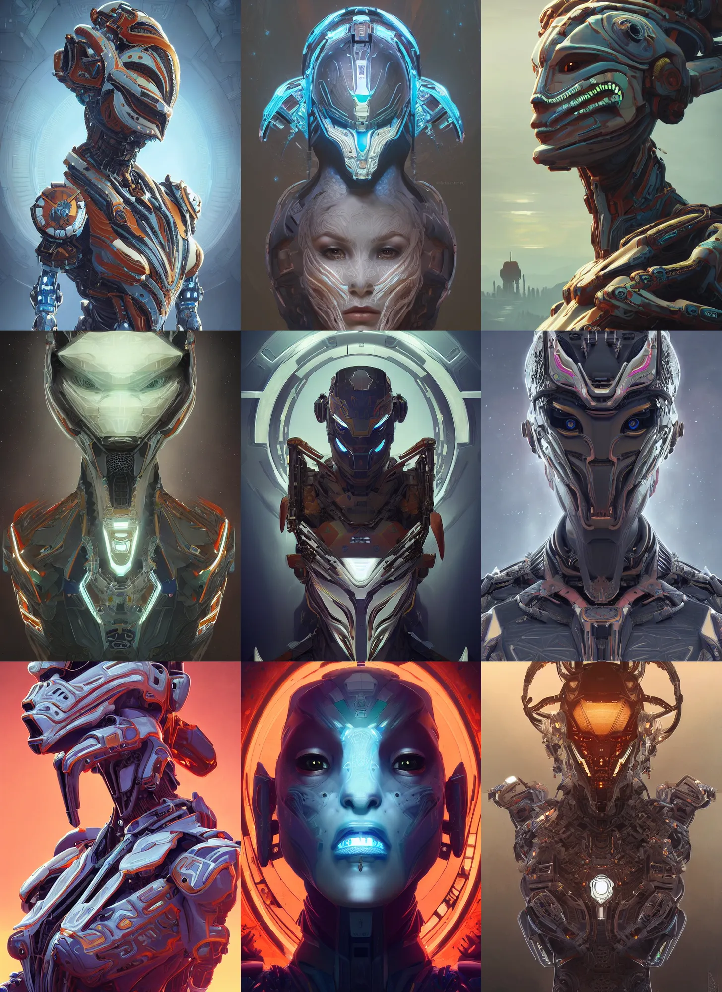 Image similar to symmetry!! portrait of robotic alien in the style of horizon zero dawn, machine face, intricate, elegant, highly detailed, digital painting, artstation, concept art, smooth, sharp focus, illustration, art by artgerm and greg rutkowski and alphonse mucha, 8 k