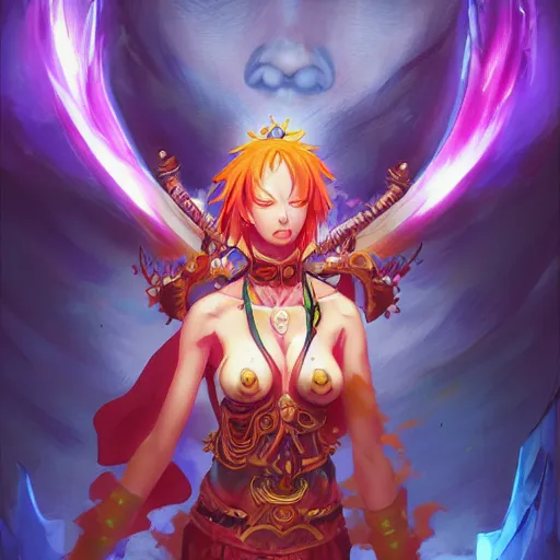 Image similar to anime portrait of Nami as a shaman yedi using dark force to eliminate trump as an anime antagonist by Stanley Artgerm Lau, WLOP, Rossdraws, James Jean, Andrei Riabovitchev, Marc Simonetti, and Sakimichan, trending on artstation