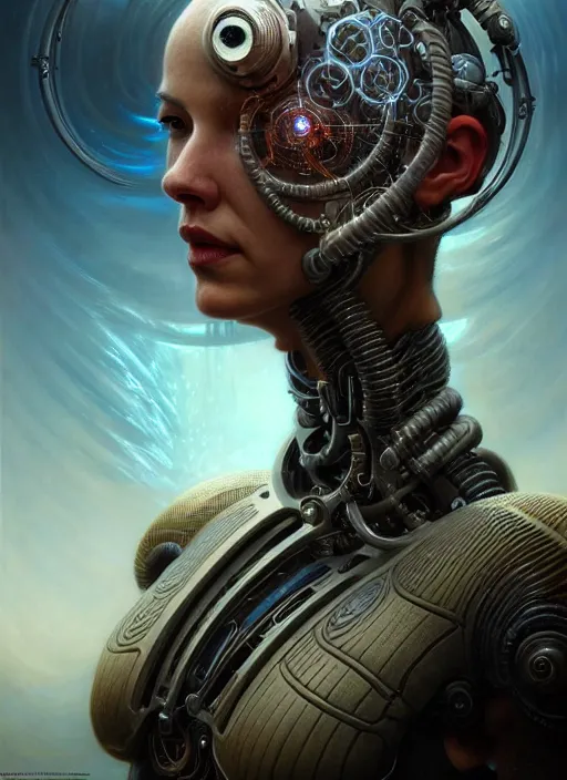 Image similar to closeup portrait shot of a sci - fi cyborg in a scenic dystopian environment, intricate, elegant, highly detailed, centered, digital painting, artstation, concept art, smooth, sharp focus, illustration, artgerm, tomasz alen kopera, peter mohrbacher, donato giancola, joseph christian leyendecker, wlop, boris vallejo