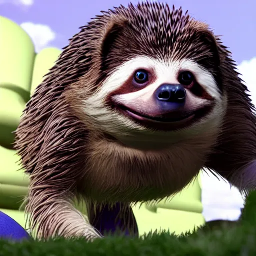 Image similar to sonic the hedgehog as a sloth, weta hyperrealism cinematic lighting and compositon