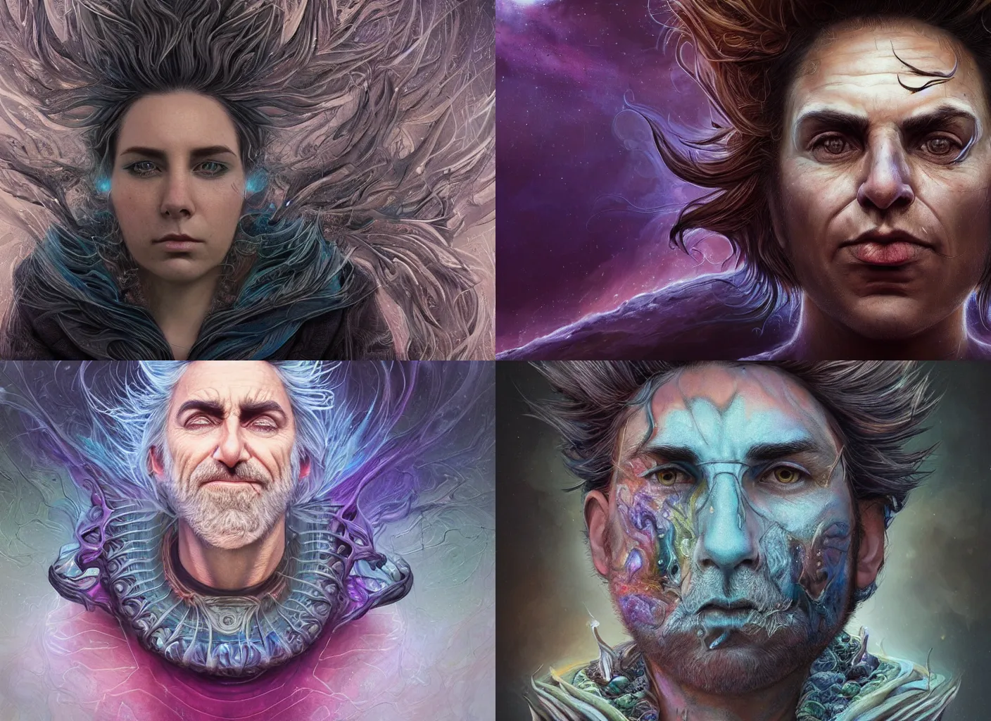 Prompt: realistic character concept, rick sanchez with lots of fractals in the face, elegant pose, scifi, illustration, symmetrical face and body, artstation, cinematic lighting, hyperdetailed, 8 k, inspirate by michael shapcott, inspirate by melissa forman, insanely detailed and intricate, elegant, dark fractal background, vfx, art deco, postprocessing