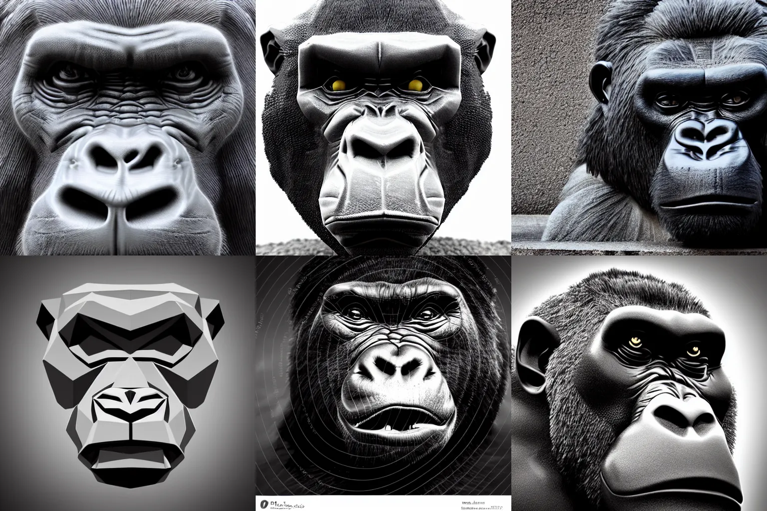 Prompt: angry gorilla head beautiful stylised low polygon hard edges hard light statue black and white photo