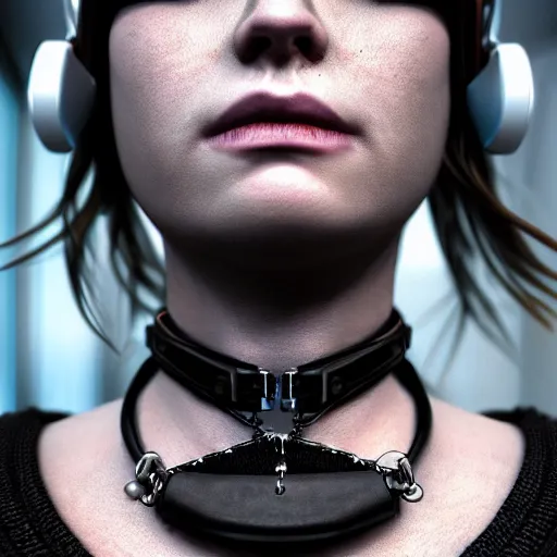 Image similar to detailed realistic female character cyberpunk wearing thick steel collar around neck, realistic, art, beautiful, 4K, collar, choker, collar around neck, punk, artstation, detailed, female, woman, choker, cyberpunk, neon, punk, collar, choker, collar around neck, thick collar, choker around neck, wearing choker, wearing collar,