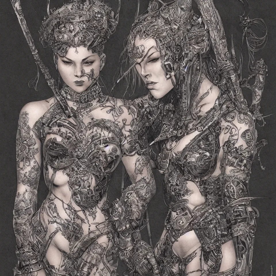 Image similar to a beautiful portrait of a woman with many tattoos, in ornate armor, Travis Charest style