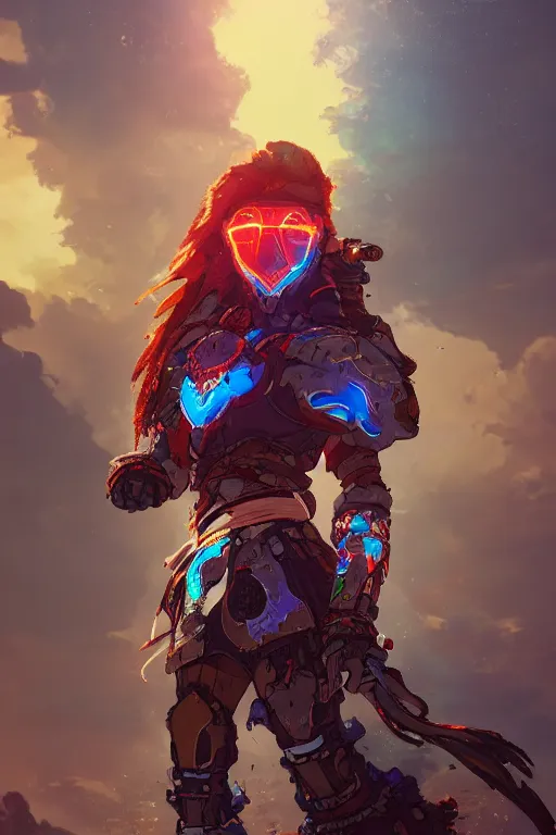 Image similar to combination suit armor aloy horizon forbidden west horizon zero dawn radiating a glowing aura global illumination ray tracing hdr fanart arstation by ian pesty and alena aenami artworks in 4 k tribal robot ninja mask helmet backpack