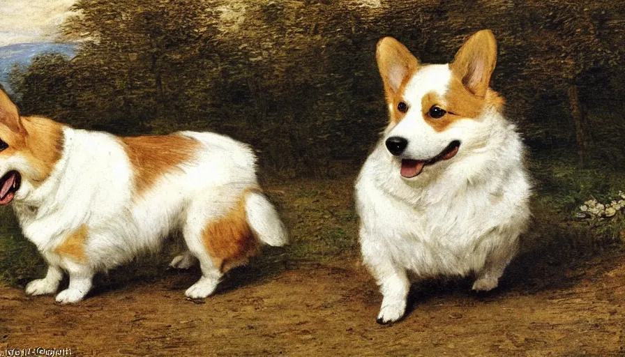 Image similar to A happy Corgi in nature, by Jean-Baptiste Oudry, by Beatrix Potter, by frank weston benson