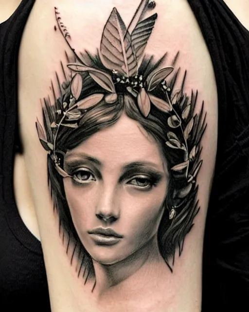 Image similar to realism tattoo sketch of a beautiful greek goddess aphrodite with piercing eyes wearing a laurel wreath and triangle earrings, in the style of greg rutkowski, amazing detail