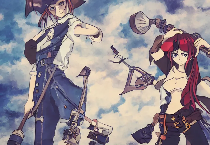 Image similar to wide angle perspective of a female pirate, centered, single subject, a thrifty uniform, somewhat of an anime in pixar style, trending artwork, made with anime painter studio, by pixar and an anime artist, collaboration