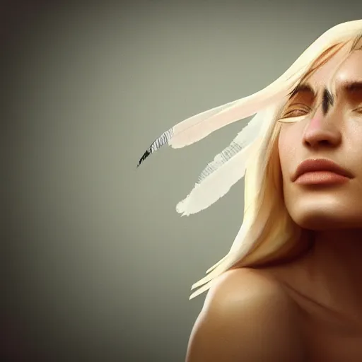 Prompt: pretty blond girl with raven feathers growing out of her skin, golden hour, caustics, shallow depth of field, moody lighting, 8 k, concept art,