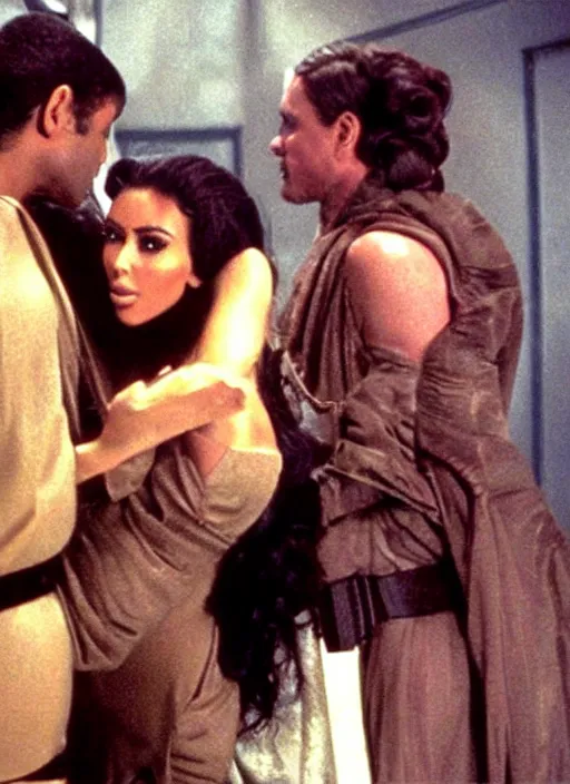 Prompt: film still of kim kardashian as princess leigha being held by jabba in star wars,
