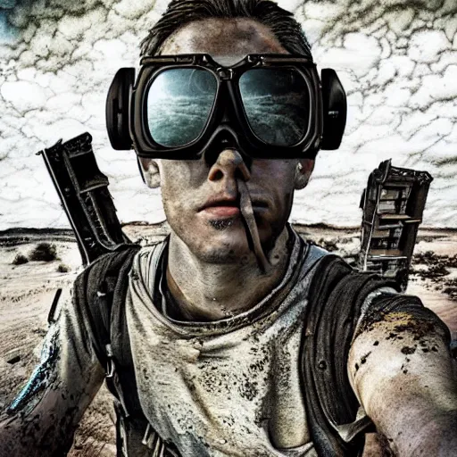 Image similar to the last selfie of mankind, post apocalyptic, digital art, highly detailed, photo realistic