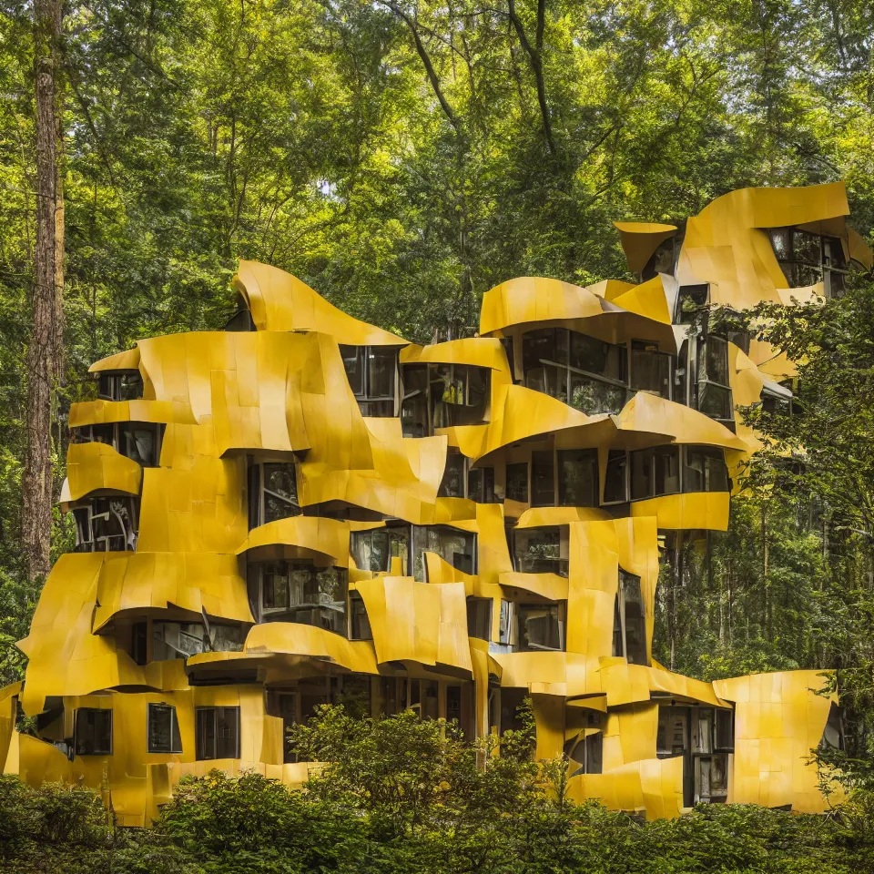 Prompt: architecture ad for a flat mid-century modern house in the forest, designed by Frank Gehry. Big Tiles. Film grain, cinematic, yellow hue