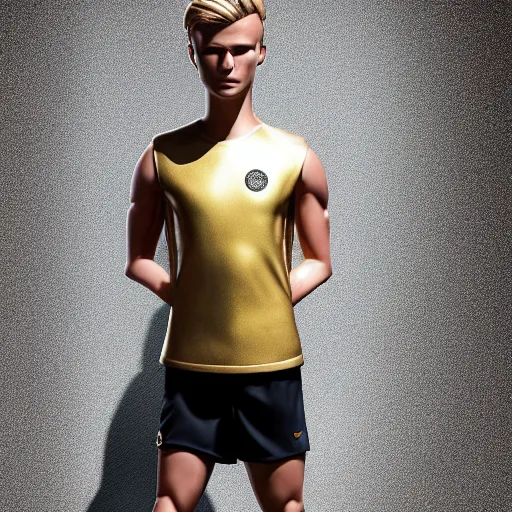 Image similar to a realistic detailed photo of a guy who is an attractive humanoid who is half robot and half humanoid, who is a male android, soccer player martin ødegaard, shiny skin, posing like a statue, blank stare, in a living room, on display, showing off his muscles, gold soccer shorts