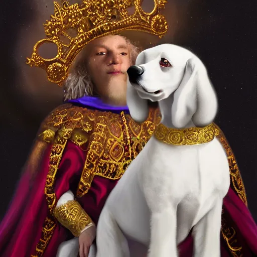 Image similar to oil painting portrait of a white poodle wearing medieval royal robe and an ornate crown on a dark nebula background digital Art, concept Art, highly detailed, 3-D 4K, trending on art station, Mark Brooks,