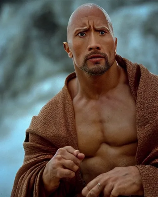 Image similar to Film still close-up shot of Dwayne Johnson as Obi-Wan Kenobi from the movie Return of the Jedi. Photographic, photography