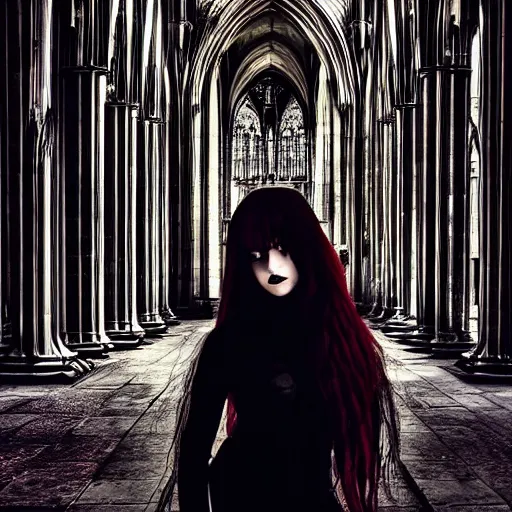 Prompt: gothic girl dressed in black, behind her a gothic cathedral, dramatic lights, dark ambients, the windows of the cathedral are reflecting red flame lights, golden hour, detailed face, intricate ornaments