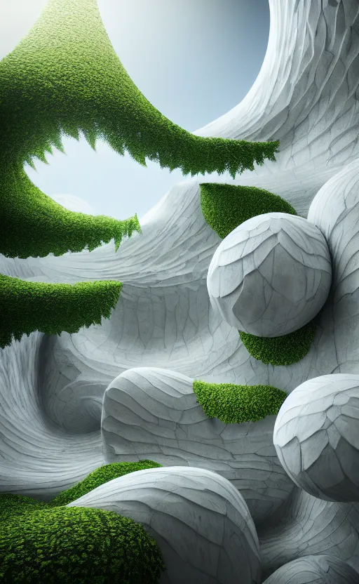 Prompt: highly detailed ultra sharp 3 d render cinematic composition of a smooth ceramic porcelain magnolia stone fluid fractal sci - fi surreal architecture landscape, white marble, magnesium, foliage, archviz, vincent callebaut composition, mamou - mani, beautiful lighting, 8 k, unreal engine, hdr, dof