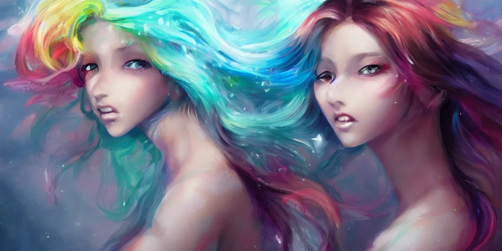 Prompt: a colorful and provenance portrait painting of a fantasy female pretty anime girl in bikini, detailed, highly detailed, hair made of hair made of air wind and curling smoke, mist, dust, genie, spirit fantasy concept art ， art by charlie bowater, trending on artstation.
