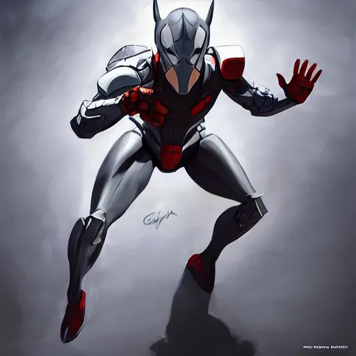 Image similar to greg manchess portrait painting of armored spiderman ultraman grey fox from metal gear cyborg gay japanese - american hybrid as overwatch character, medium shot, asymmetrical, profile picture, organic painting, sunny day, matte painting, bold shapes, hard edges, street art, trending on artstation, by huang guangjian and ail elvgren and sachin teng