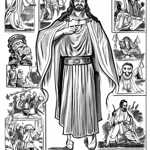 Image similar to white background. Man in Biblical clothing in the style of a black and white 1940s disney character reference sheet, ink outlines.