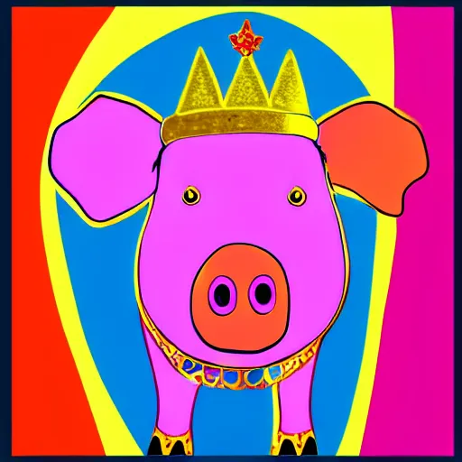 Image similar to illustration pig wearing a simple gold crown in the style of peter max