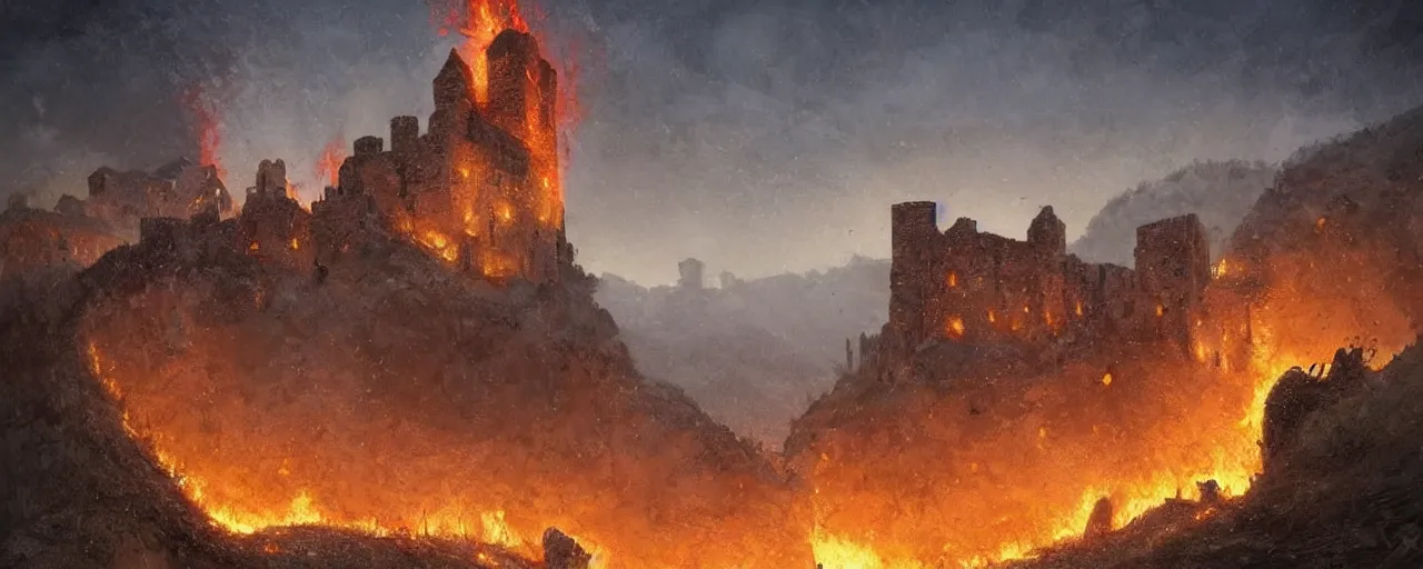 Prompt: monteriggioni highly detailed digital painting art artgerm greg rutkowski burning fires castle!!!!!!! cliff city!!!!!!!!!!! dystopian rubble!!!! magic mountainside dead!!!!!! army bodies!!!!!!! battle epic cinematic neoclassical atmospheric hazy rays sunrise golden hour trending artstation
