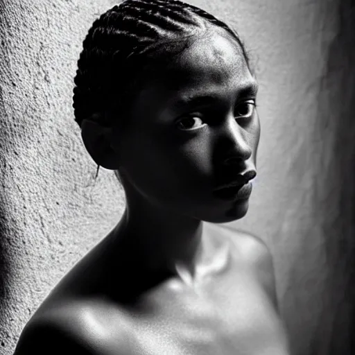 Image similar to beautiful woman with soft skin, cornrows, 8K artistic photography, photorealistic, chiaroscuro, by Steve Mccurry, Joey L, Raphael, Caravaggio