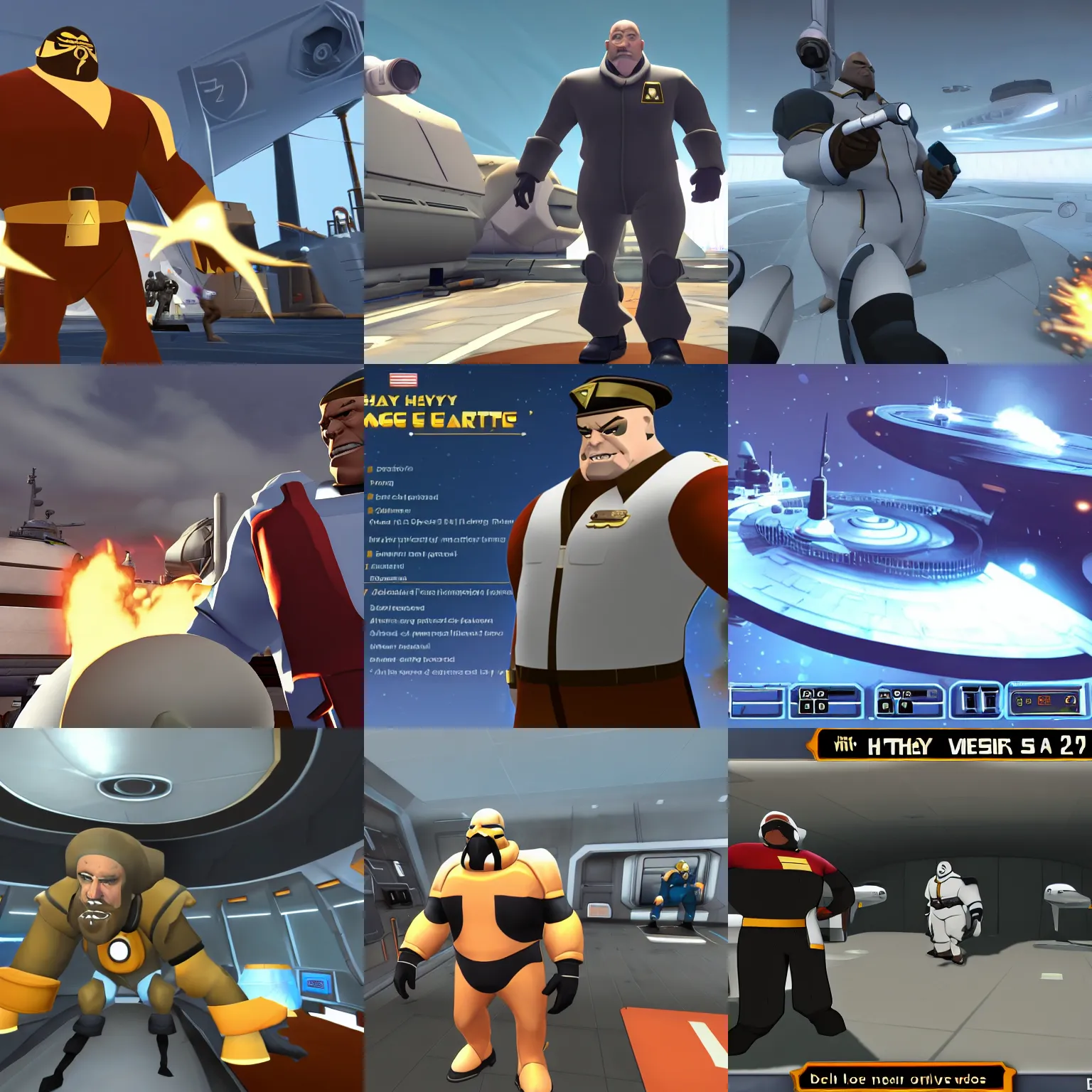 Prompt: Heavy from tf2 as captain of the USS Enterprise, still, screenshot