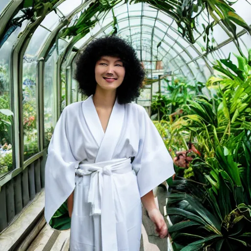 Prompt: a young beautiful woman wearing a white kimono in a tropical greenhouse, photo