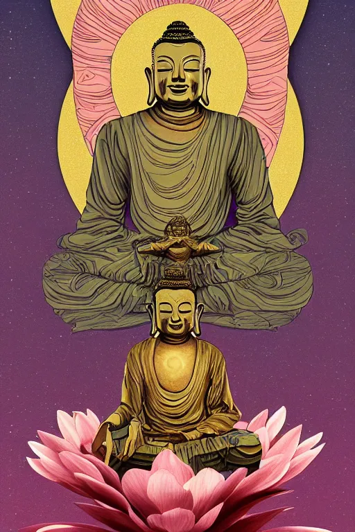 Prompt: a study of cell shaded cyborg robot astronaut buddha meditating in a lotus flower illustration, golden ratio, post grunge screen print poster, character concept art by N.C. winters, highly detailed, sharp focus, alien, Artstation, deviantart, artgem