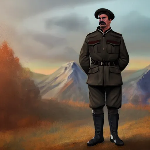 Prompt: fullbody of standing tom selleck, wearing short simple russian ww 1 clothes and blue pants in black fur beanie, russian villages at background, style ivan talavera and artgerm, radiant lighting, hyper realistic, photorealistic, octane render, trending on artstation, cgsociety, cinematic light, global illumination, high detailed tom selleck face