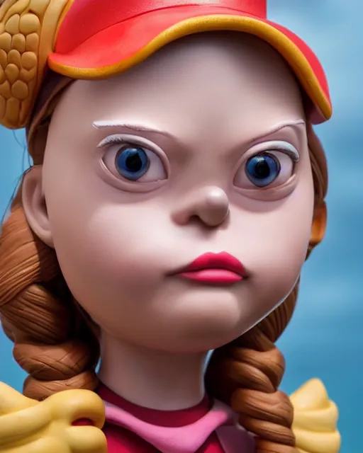 Image similar to closeup face profile portrait of a tin toy greta thunberg as max fleischer character eating cakes, bikini, depth of field, zeiss lens, fashion photoshoot by nicoletta ceccoli, mark ryden, lostfish, breathtaking, detailed and intricate environment, 8 k resolution, extremely detailed, beautiful, establishing shot, artistic, hyperrealistic, octane render