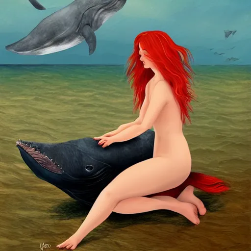 Image similar to a portrait of a red headed young woman hugging a whale in a scenic environment, digital art by Bowater Charlie