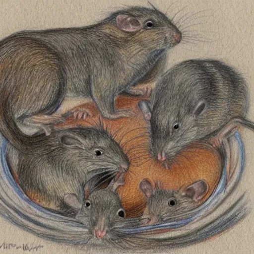 Prompt: a seamless circle of rats connected mouth to tail, colored pencil sketch