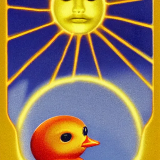 Image similar to the sun tarot card by freida harris, 1 9 5 0 s rubber duck floating on astral plane, 3 d render unreal engine