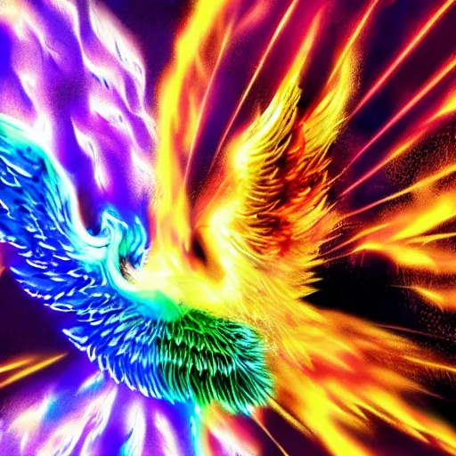 Image similar to An image of an expressive wings open phoenix with iridescent feathers standing on a pile of grey ashes and glowing coal. The phoenix is surrounded by a bright light and waves of fire with a neon bright glowing circular rainbow. Black smoke wafts from the coal.