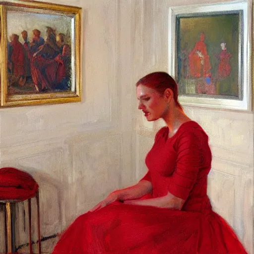 Image similar to woman wearing red, in a ( white room ), by donato giancola.