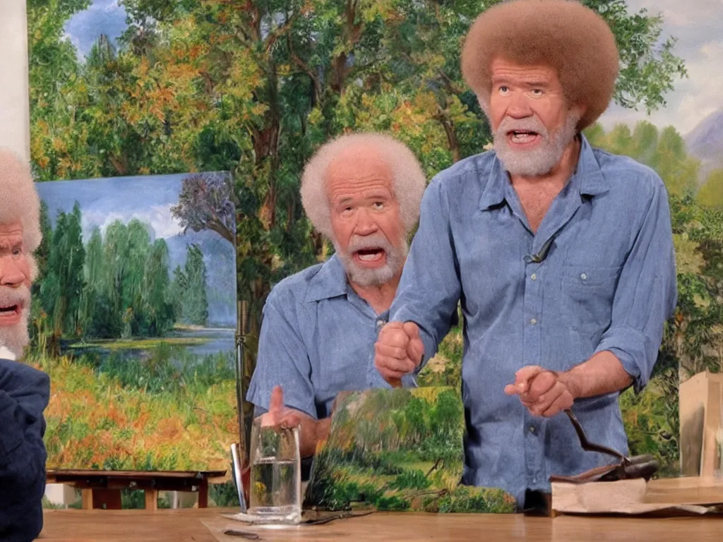 Image similar to old!!!! bob ross is sad and angry and yelling!!! at a huge painting of nature by bob ross