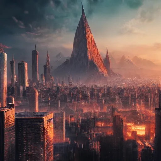 Image similar to mordor as a bustling city, highly detailed, sharp focus, skyline, vast, 4 k, fantasy