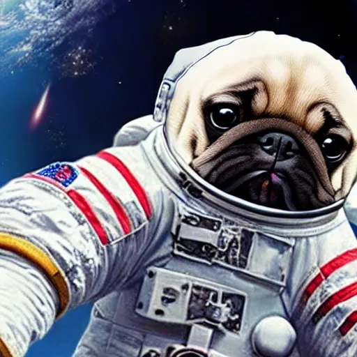 Image similar to hyper realistic, highly detailed, astronaut pug in space.