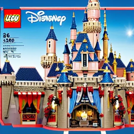 Prompt: Box art for a LEGO set of the entire Disneyland park