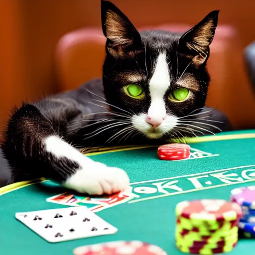 Prompt: LAS VEGAS, NV JUNE 7 2019: Cat playing blackjack